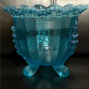 Antique Klondyke Northwood three footed blue opalescent bowl Klondike